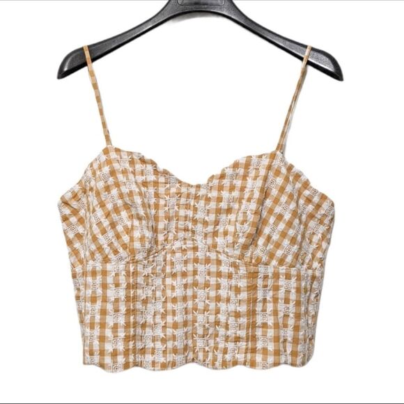 Anthropologie MAEVE Scalloped Hem Gingham Button Crop Top 14 - Picture 2 of 10